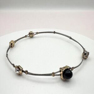 Vintage 90s Metal Cable Bangle Bracelet Black & Clear Glass Fashion Jewelry
